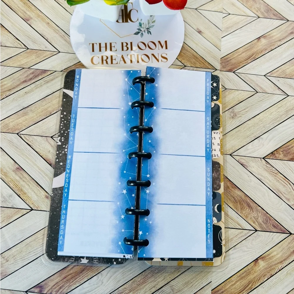 Happy planner skinny mini size weekly layout moon phases constellations stars